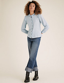 M&S Cotton Frill Neck Long Sleeve Shirt blue
