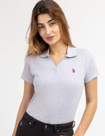 U.S. Polo Assn  SPLIT NECK RIBBED POLO SHIRT LIGHT GRAY HEATHER