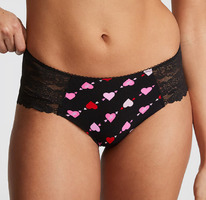 Victoriassecret NO-SHOW CHEEKY PANTY Pure Black Heart Print Lace Trim (69BS)